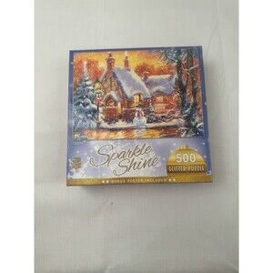 Snowman Cottage Sparkle and Shine 500 Piece Glitter Puzzle with Bonus Poster New